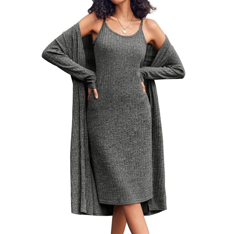 エコアー レディース アンダーお召しもの ナイト爵お召しもの 編み物 Ekouaer Womens Knit Robe Set 2 Piece Nightgown with Robes Long Sleeves Lounge Sets with Pockets Dark Grey 薄墨色