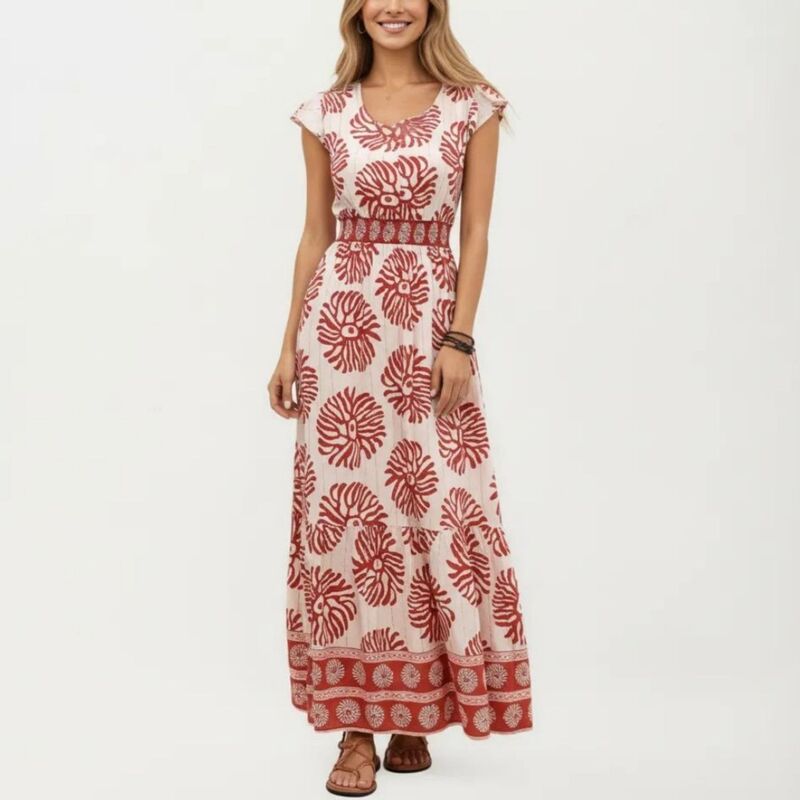 アンナカシ レディース トップス ワンピース ティアード プリント シャーリング マキシ Anna-Kaci Short Sleeve Maxi Dress with Printedesign V Neckline Smocked Waist and Tiered Flowy Silhouette Mauve Pink ピンク|ReVida 店
