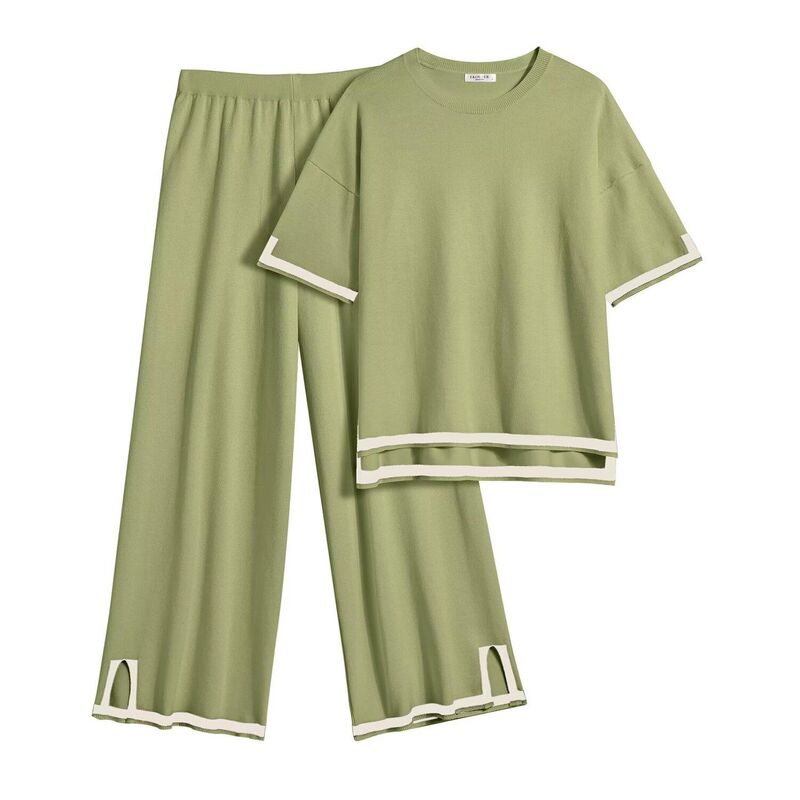 エコアー レディース アンダーお召しもの ナイト爵お召しもの ワイドレッグ スウェーター Ekouaer Lounge Set for Women Travel Outfits 2 Piece Setshort Sleeve Sweater Top Wide Leg Long Army Green 緑であること