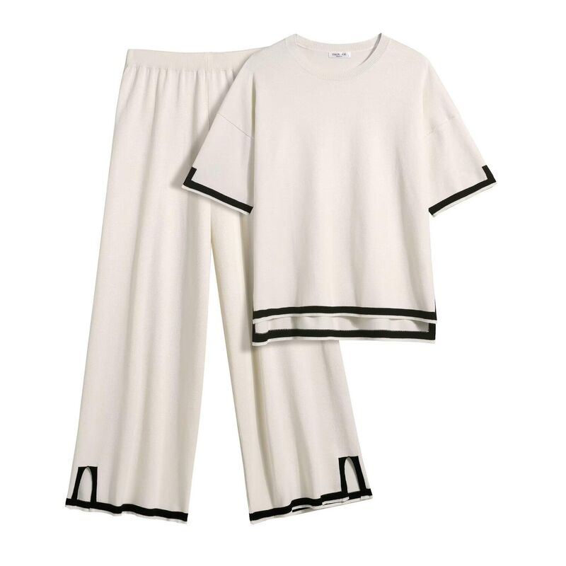 エコアー レディース アンダーお召しもの ナイト爵お召しもの ワイドレッグ スウェーター Ekouaer Lounge Set for Women Travel Outfits 2 Piece Setshort Sleeve Sweater Top Wide Leg Long Beige ベージュ