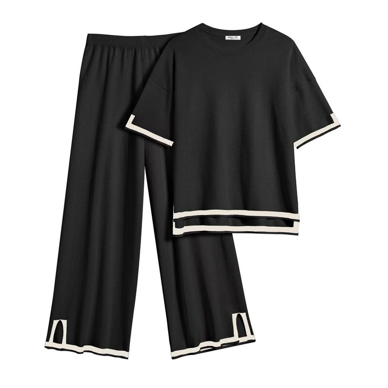 エコアー レディース アンダーお召しもの ナイト爵お召しもの ワイドレッグ スウェーター Ekouaer Lounge Set for Women Travel Outfits 2 Piece Setshort Sleeve Sweater Top Wide Leg Long Black 黒いこと
