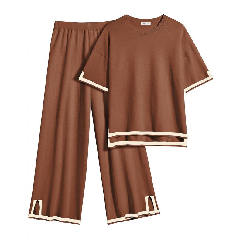 エコアー レディース アンダーお召しもの ナイト爵お召しもの ワイドレッグ スウェーター Ekouaer Lounge Set for Women Travel Outfits 2 Piece Setshort Sleeve Sweater Top Wide Leg Long Caramel
