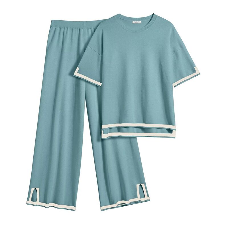 エコアー レディース アンダーお召しもの ナイト爵お召しもの ワイドレッグ スウェーター Ekouaer Lounge Set for Women Travel Outfits 2 Piece Setshort Sleeve Sweater Top Wide Leg Long Dark Peacock Blue 青色