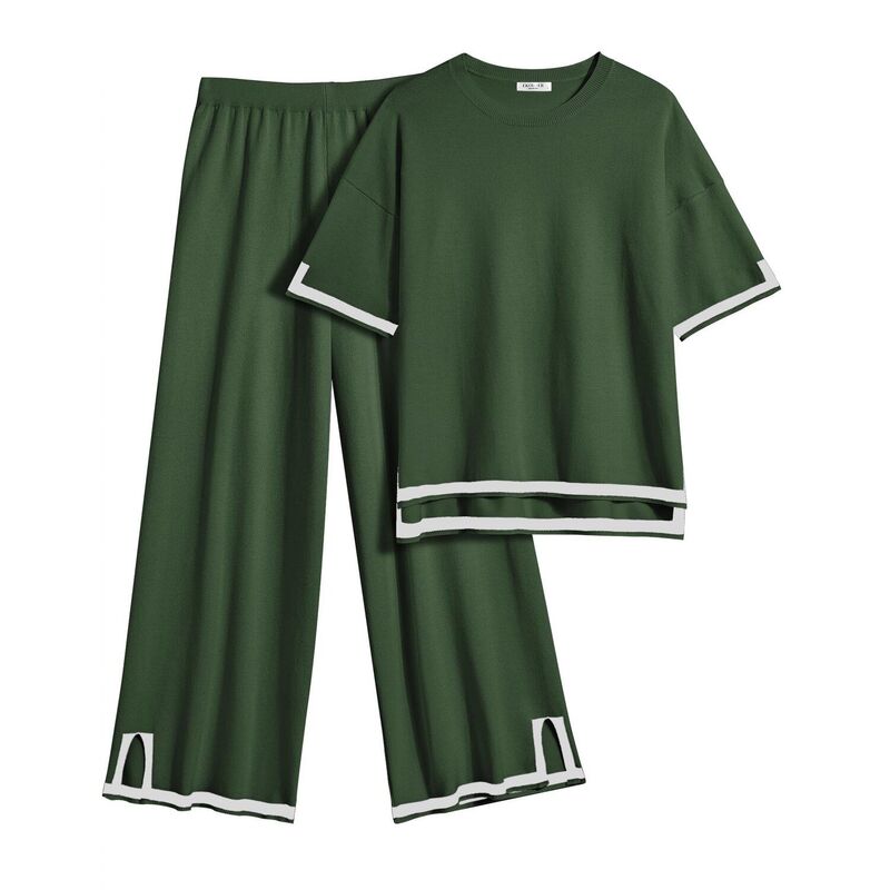 エコアー レディース アンダーお召しもの ナイト爵お召しもの ワイドレッグ スウェーター Ekouaer Lounge Set for Women Travel Outfits 2 Piece Setshort Sleeve Sweater Top Wide Leg Long Olive Green 緑であること