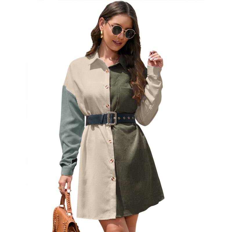 コジョイン レディース トップス ワンピース ボタンダウン コーデュロイ シャツ カラーブロック ダウン ブラウス Kojooin Womens Corduroy Colorblock Button Down Shirt Dress Casualong Sleeve Oversized Tunic Blouses Green グリーン｜ReVida 店