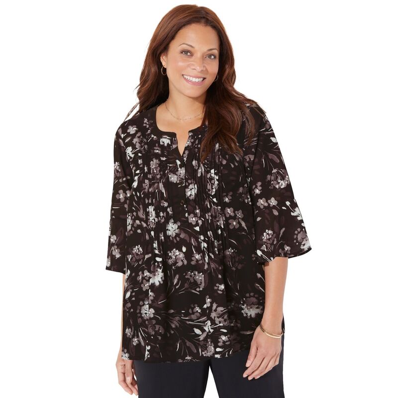 キャサリンズ レディース トップス シャツ ジョーゼット プラスサイズ プチ ブラウス Catherines Women's Plusize Petite Georgette Pintuck Blouse Black Painterly Floral ブラック|ReVida 店