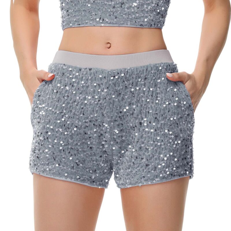アンナカシ レディース ボトムス ハーフパンツ・ショーツ ストレート ショートパンツ スパンコール Anna-Kaci Women'sparkly Sequin Shorts Elastic Waist Glitter Straight Legray グレー|ReVida 店