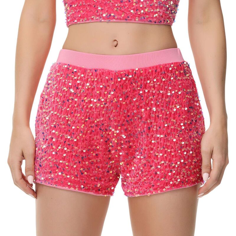 アンナカシ レディース ボトムス ハーフパンツ・ショーツ ストレート ショートパンツ スパンコール Anna-Kaci Women'sparkly Sequin Shorts Elastic Waist Glitter Straight Leg Hot Pink ピンク｜ReVida 店