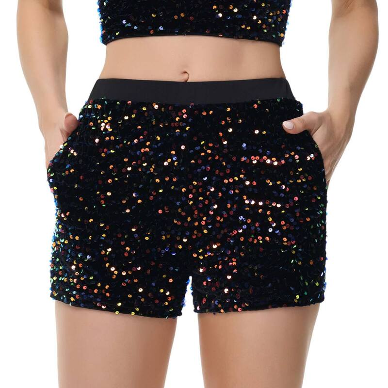 アンナカシ レディース ボトムス ハーフパンツ・ショーツ ストレート ショートパンツ スパンコール Anna-Kaci Women'sparkly Sequin Shorts Elastic Waist Glitter Straight Leg Multicolor マルチカラー｜ReVida 店