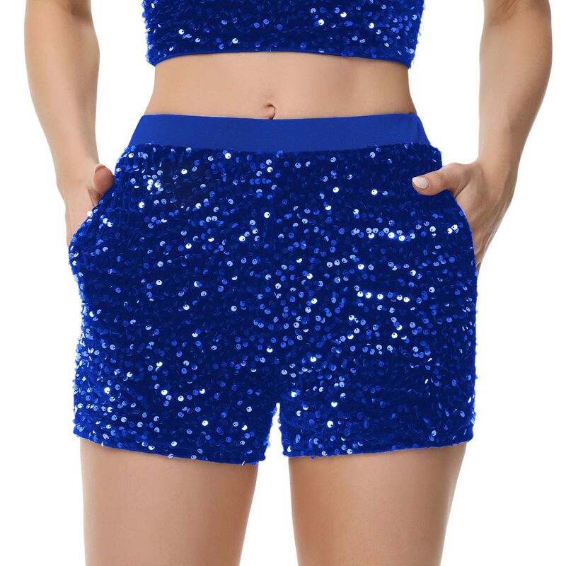 アンナカシ レディース ボトムス ハーフパンツ・ショーツ ストレート ショートパンツ スパンコール Anna-Kaci Women'sparkly Sequin Shorts Elastic Waist Glitter Straight Leg Royal Blue ブルー｜ReVida 店