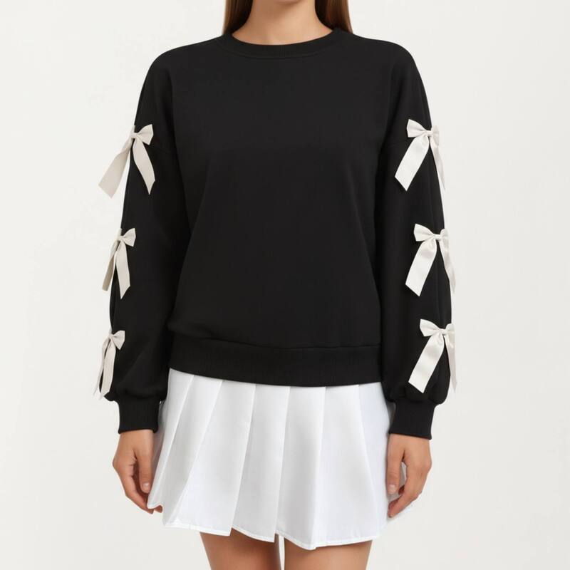 アンナカシ レディース トップス Tシャツ スウェット Anna-Kaci Women's Long Sleeve Pullover Sweatshirt with Ribbon Bow Tie Details on Sleeves Black ブラック｜ReVida 店 11,235円