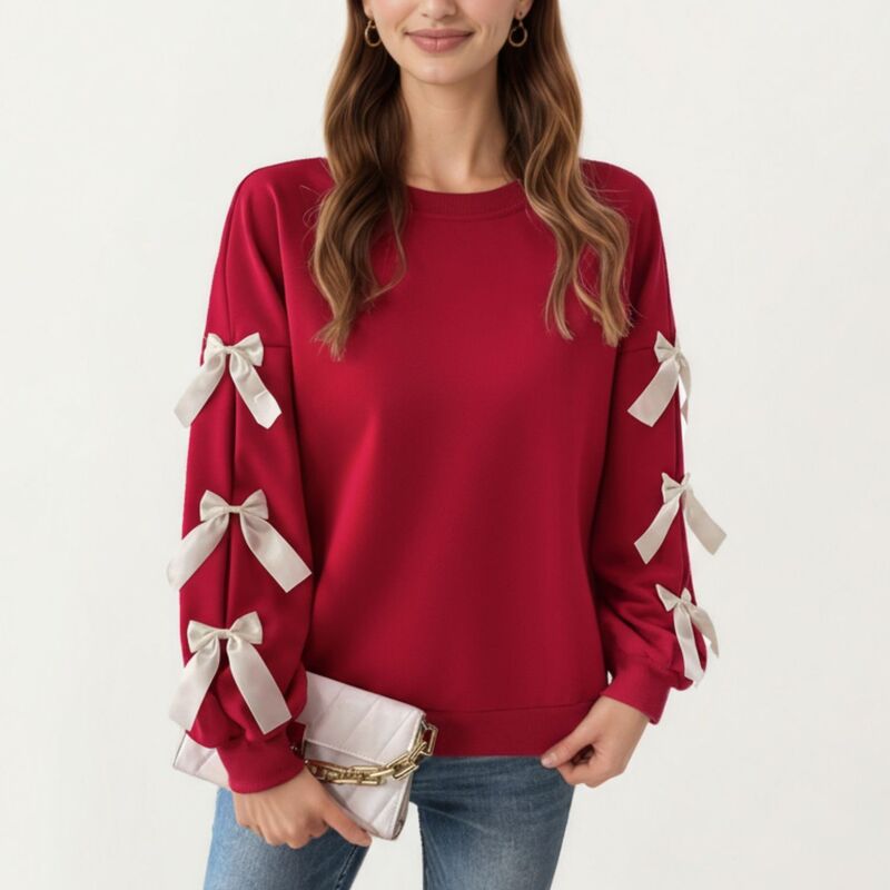アンナカシ レディース トップス Tシャツ スウェット Anna-Kaci Women's Long Sleeve Pullover Sweatshirt with Ribbon Bow Tie Details on Sleeves Red レッド｜ReVida 店