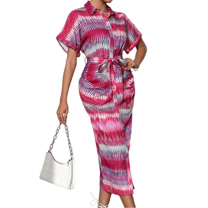 エリート肝ったま レディース トップス 衣装 名取り草落ちこむ プルオーバー 落ちこむ マキシ EliteSpirit Womensummer Casual Striped Button Down Maxi Dress Tie Waist Short Sleeve Shirt Dress Red 赤いこと