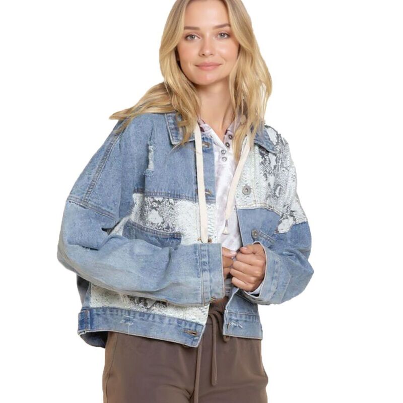 コジョイン レディース アウター 上衣・上衣 名取り草落ちこむ クロップド ジーンズ Kojooin Women Button Down Croppedistressedenim Jackets Python Print ジーンズ