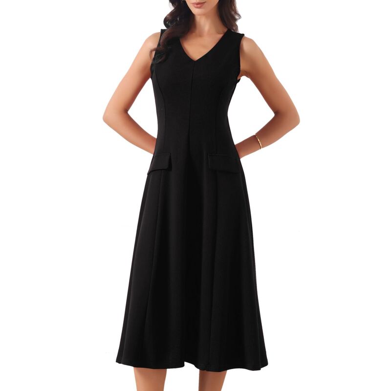 インスパイア 今めかしい レディース トップス 衣装 Vのど首 A 生産ライン MIDI ノースリーブ INSPIRE CHIC Business Office Dresses for Women\u0027s V Neck Sleeveless A Line Work Midi Dress Black 黒いこと