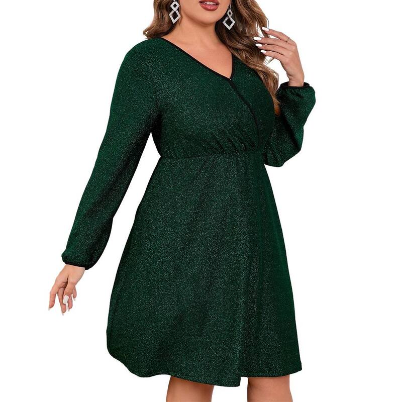 せつ然たる御花 レディース トップス 衣装 Vのど首 足し加える大きさ ClearFlower Womens Plusize V Neck Puff Sleeve Long Sleevelegant Dress Dark Green 緑であること