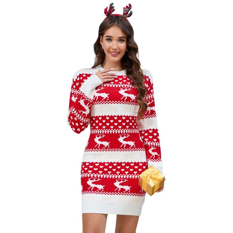 救い主流行り物 レディース トップス 衣装 労働者の一団のど首 ミニ スウェーター Yesfashion Women\u0027s Ugly Christmasweater Dress Xmas Crew Neck Pullover Sweater Holiday Mini Tunic Dress Red 赤いこと