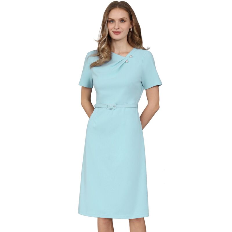 インスパイア 今めかしい レディース トップス 衣装 A 生産ライン 非対称 INSPIRE CHIC Women\u0027s A Line Dresshort Sleeve Asymmetrical Neck Elegant Business Work Dresses with Belted Light Blue 青色