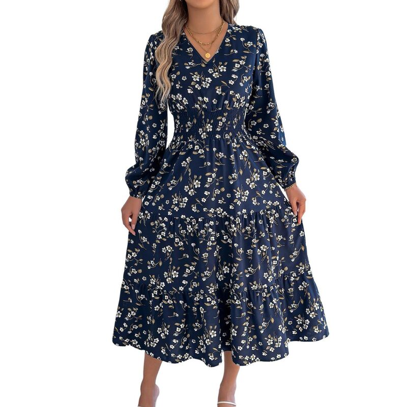 せつ然たる御花 レディース トップス 衣装 Vのど首 御花柄 シャーリング ClearFlower Fall Dresses for Women Boho Floral V Neck Long Sleeve Smocked Elastic Waist Dress Navy Blue 米国海軍