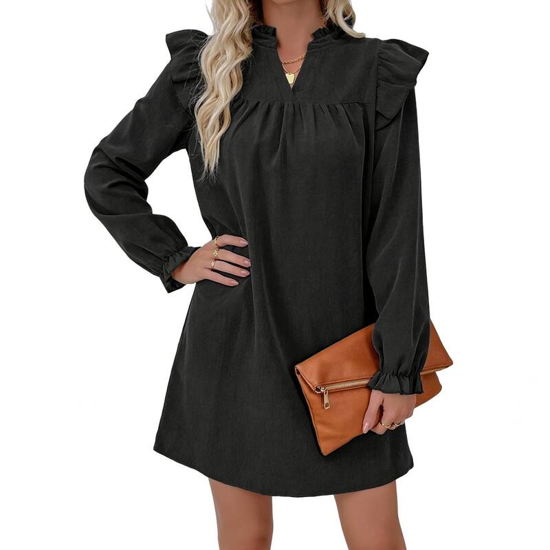 せつ然たる御花 レディース トップス 衣装 Vのど首 コール天 フラウンス ClearFlower Women\u0027s Corduroy Long Sleeve Tunic Dress - V-Neck Ruffled Shoulder Casual Dress for Everyday Wear Black 黒いこと