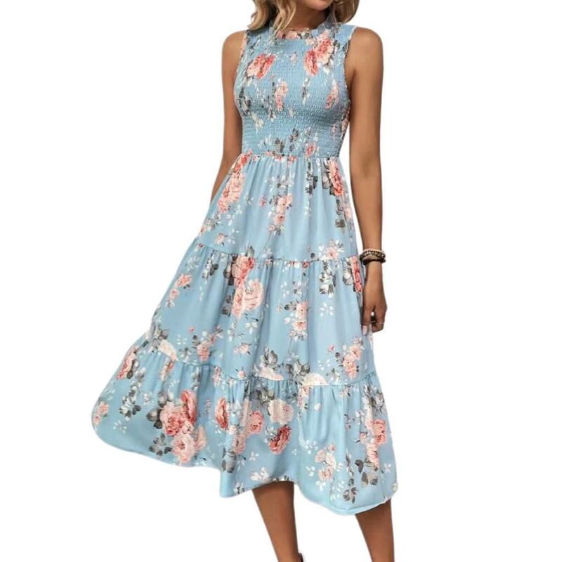 せつ然たる御花 レディース トップス 衣装 ティアード MIDI ノースリーブ シャーリング マキシ ClearFlower Women\u0027summer Midi Sundress Casual Sleevelessmocked Tank Dress Beach Tiered Flowy Maxi Dresses Blue Floral 青色