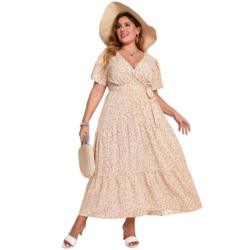 エリートスピリット レディース トップス ワンピース Vネック ティアード プラスサイズ マキシ EliteSpirit Plusize Wrap Summer Maxi Dress - V-Neck Tieredress with Belt Beige Flowers ベージュ｜ReVida 店