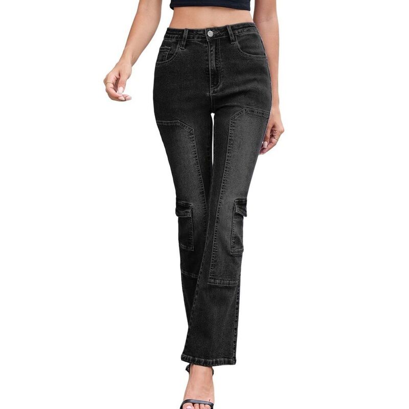 救い主流行り物 レディース ボトムス ジーンズズボン下 デニム 御機嫌酉の方角 Yesfashion Women\u0027s Flared Cargo Jeans High-Waisted Stretchy for Casual Office Wear with Pockets Black 黒いこと