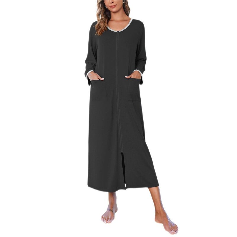 エコアー レディース アンダーお召しもの ナイト爵お召しもの 厚地の外套 Ekouaer Women Long House Coat Zipper Front Robes Fullength Nightgowns with Pocketstriped Black 黒いこと