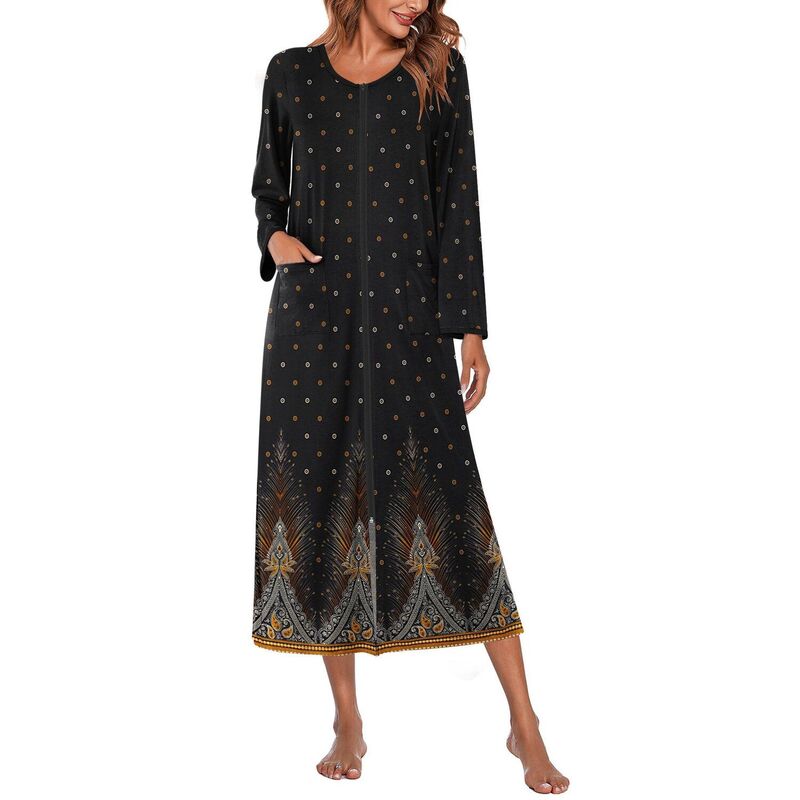 エコアー レディース アンダーお召しもの ナイト爵お召しもの 厚地の外套 Ekouaer Women Long House Coat Zipper Front Robes Fullength Nightgowns with Pocketstriped Black Print 黒いこと