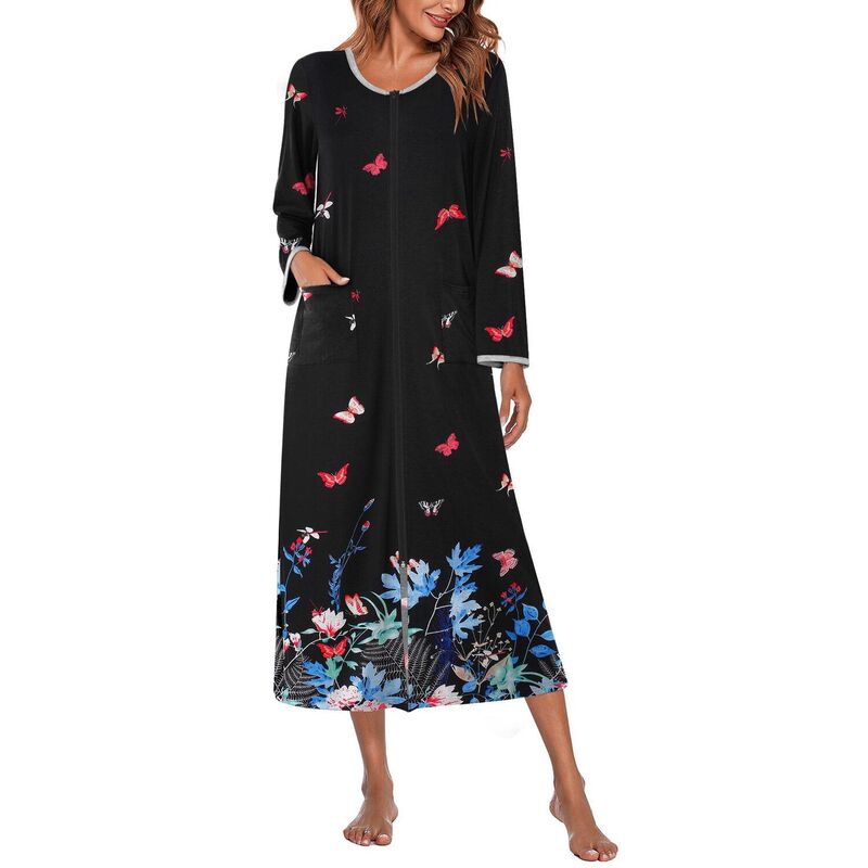 エコアー レディース アンダーお召しもの ナイト爵お召しもの 厚地の外套 Ekouaer Women Long House Coat Zipper Front Robes Fullength Nightgowns with Pocketstriped Colorful Butterfly 縞模様