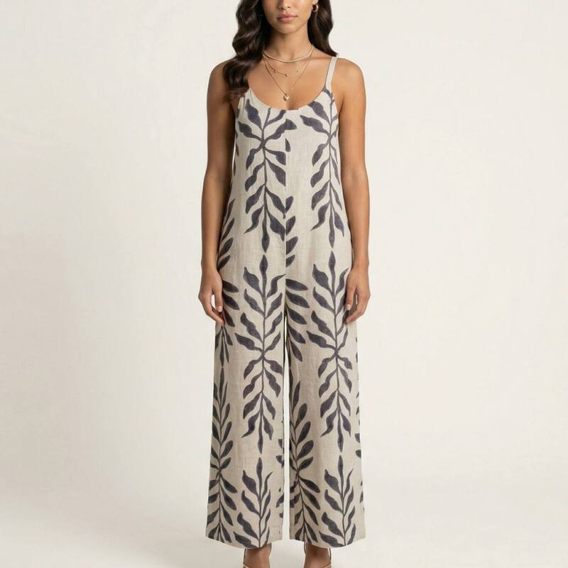アンナカシ レディース トップス ワンピース リラックスフィット ワイドレッグ プリント ノースリーブ ジャンプスーツ Anna-Kaci Sleeveless Printed Wide Leg Jumpsuit with Spaghetti Straps Relaxed Fit Flowy One Piece Gray グレー|ReVida 店