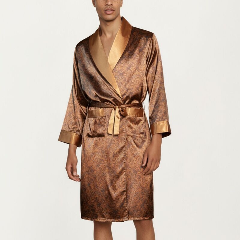 アンナカシ レディース アンダーウェア ナイトウェア プリント サテン コントラスト Anna-Kaci Men's Paisley Print Satin Robe with Contrast Shawl Collar and Waistie Gold ゴールド｜ReVida 店