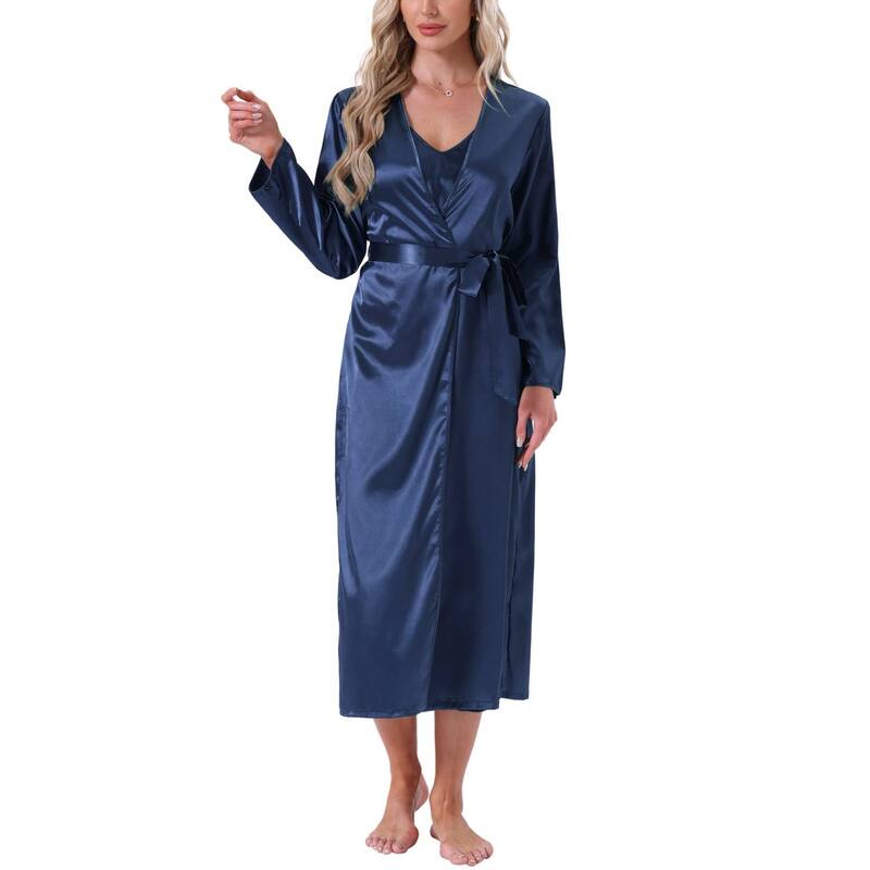 インスパイア シック レディース アンダーウェア ナイトウェア ミディ サテン シルク INSPIRE CHIC Women'satin Robe Set 2 Pcs Nightgown Silky Soft Midi Camisole Pajama Sets Kimono Bridesmaid Robes Blue ブルー|ReVida 店