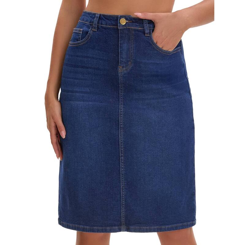 インスパイア シック レディース ボトムスカート ひざ丈 ハイウエスト デニム INSPIRE CHIC Women's Jean Skirt High Waist Back Slit Stretch Below Knee Length Denim Skirts Dark Blue ブルー｜ReVida 店