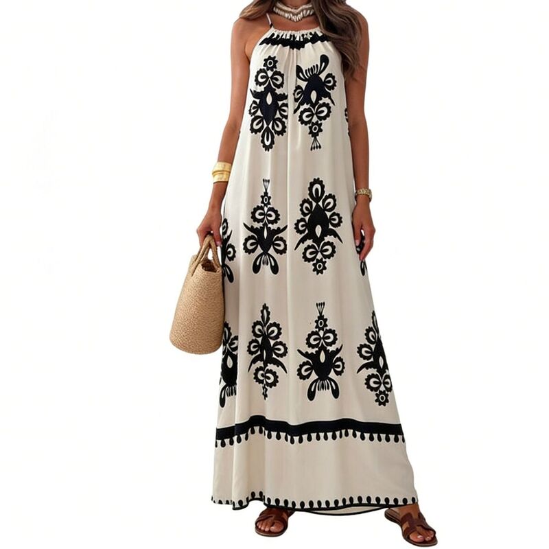 クリアフラワー レディース トップス ワンピース プリント ノースリーブ マキシ ホルター ClearFlower Women's Bohemian Print Sleeveless Loose-Fit Summer Beachalter Maxi Dress Apricot アプリコット|ReVida 店