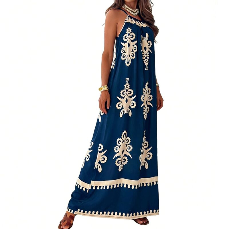 クリアフラワー レディース トップス ワンピース プリント ノースリーブ マキシ ホルター ClearFlower Women's Bohemian Print Sleeveless Loose-Fit Summer Beachalter Maxi Dress Navy Blue ネイビー|ReVida 店