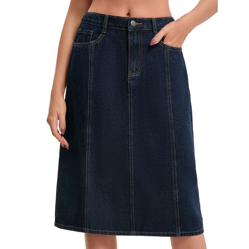 インスパイア シック レディース ボトムスカート A ライン ひざ丈 ハイウエスト デニム INSPIRE CHIC Women's Denim Skirt High Waist A Linelastic Back Waist Casual Knee Length Jean Skirts Black Blue ブラック｜ReVida 店