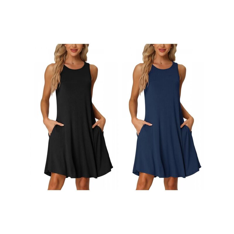 インスパイア シック レディース アンダーウェア ナイトウェア シャツ ノースリーブ INSPIRE CHIC 2 Packs Women's Nightshirt Sleeveless Tank Dress Basic Sleepwear Nightgown with Pockets Blue Black ブラック｜ReVida 店