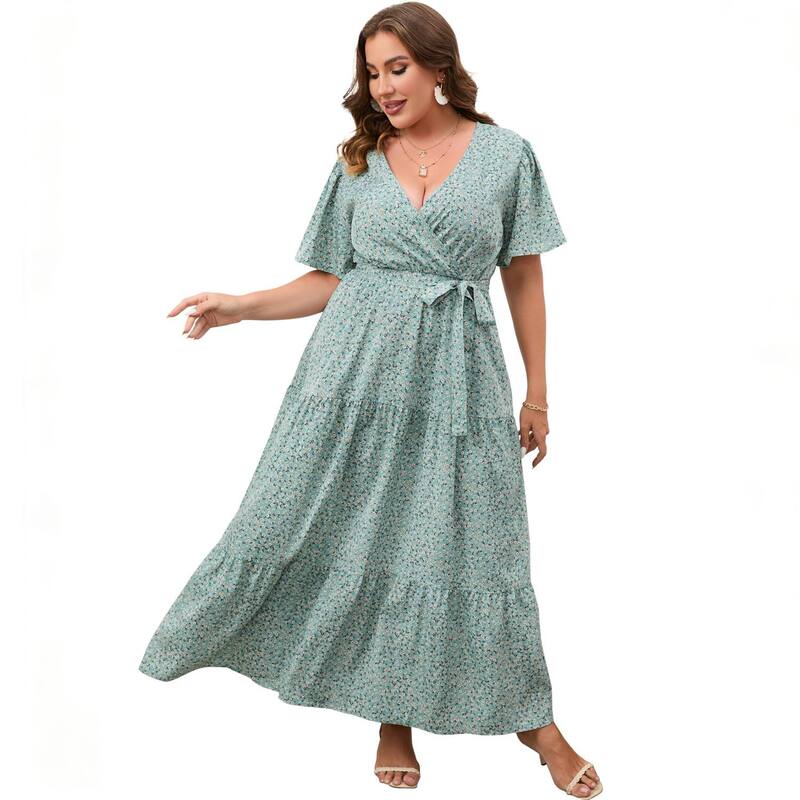 クリアフラワー レディース トップス ワンピース Vネック ティアード フラワー柄 プラスサイズ プリント マキシ ClearFlower Women's Plusize Floral Print Maxi Dress V Neck Short Sleeve Tiered Wrap Dress Green Floral グリーン｜ReVida 店