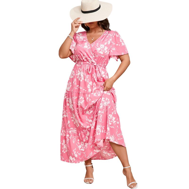 クリアフラワー レディース トップス ワンピース Vネック ティアード フラワー柄 プラスサイズ プリント マキシ ClearFlower Women's Plusize Floral Print Maxi Dress V Neck Short Sleeve Tiered Wrap Dress Pink White ホワイト｜ReVida 店