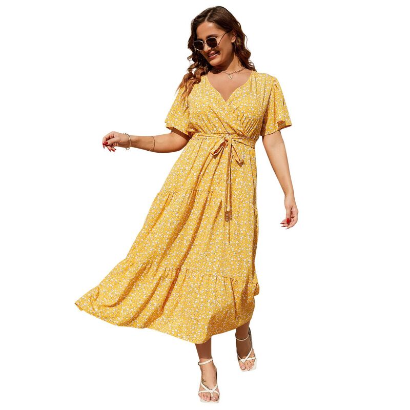クリアフラワー レディース トップス ワンピース Vネック ティアード フラワー柄 プラスサイズ プリント マキシ ClearFlower Women's Plusize Floral Print Maxi Dress V Neck Short Sleeve Tiered Wrap Dress Yellowhite ホワイト|ReVida 店