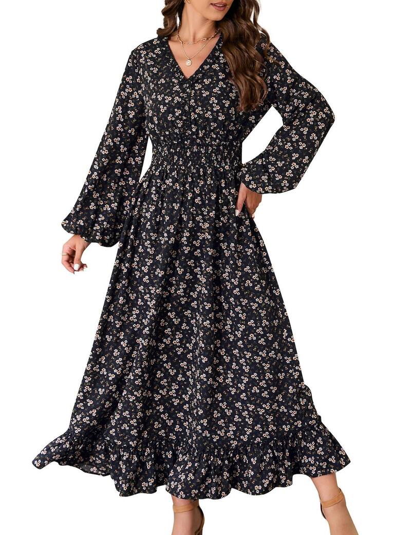 ファンジュライ レディース トップス ワンピース Vネック フラワー柄 プリント マキシ フラワー FUNJULY Women's Long Sleeves Floral Print V-Neck Maxi Dress Black And Yellow ブラック｜ReVida 店 11,985円