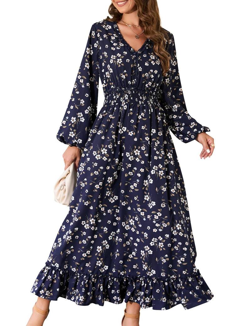 ファンジュライ レディース トップス ワンピース Vネック フラワー柄 プリント マキシ フラワー FUNJULY Women's Long Sleeves Floral Print V-Neck Maxi Dress Dark Blue ブルー｜ReVida 店