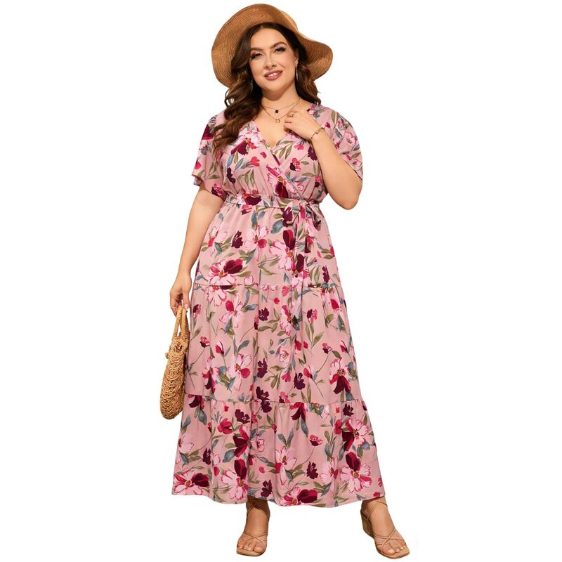 クリアフラワー レディース トップス ワンピース Vネック ティアード フラワー柄 プラスサイズ マキシ ClearFlower Plusize Floral Maxi Dress - Wrap V-Neck Tieredress with Belt Pink Flower ピンク｜ReVida 店