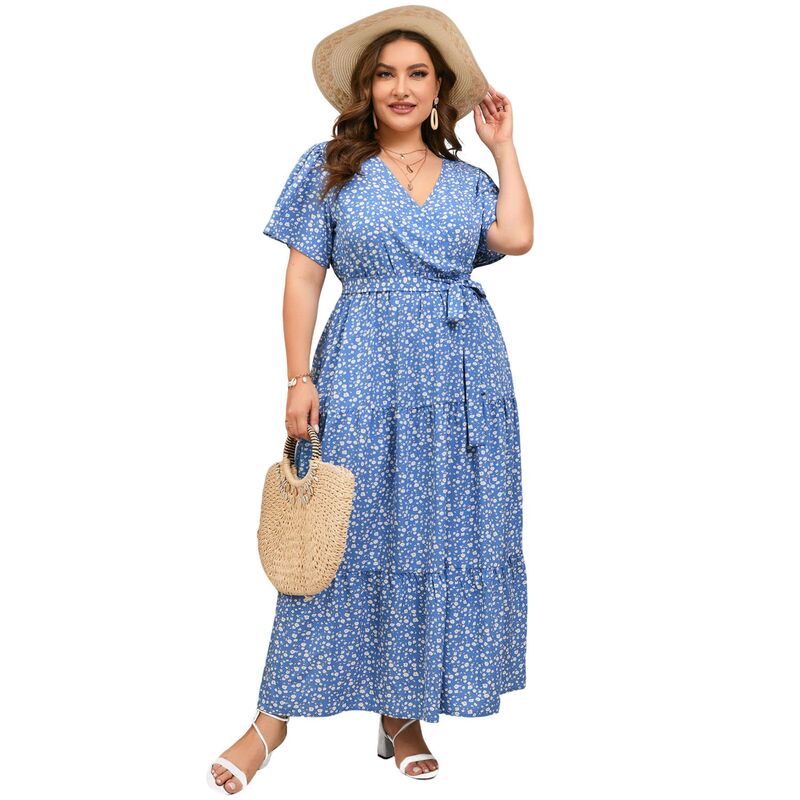 クリアフラワー レディース トップス ワンピース Vネック プラスサイズ マキシ ClearFlower Plusize Short Sleeve Wrap Maxi Dress - V-Neck Summer Dress with Belt Blue Flower ブルー｜ReVida 店
