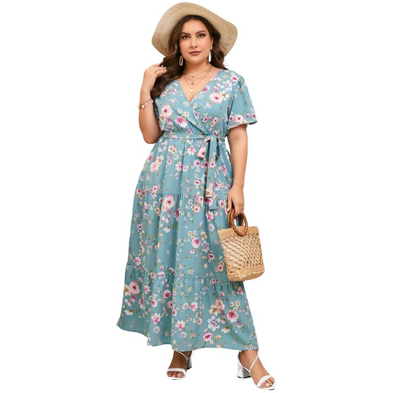 クリアフラワー レディース トップス ワンピース Vネック プラスサイズ マキシ ClearFlower Plusize Short Sleeve Wrap Maxi Dress - V-Neck Summer Dress with Belt Light Green Flower グリーン｜ReVida 店