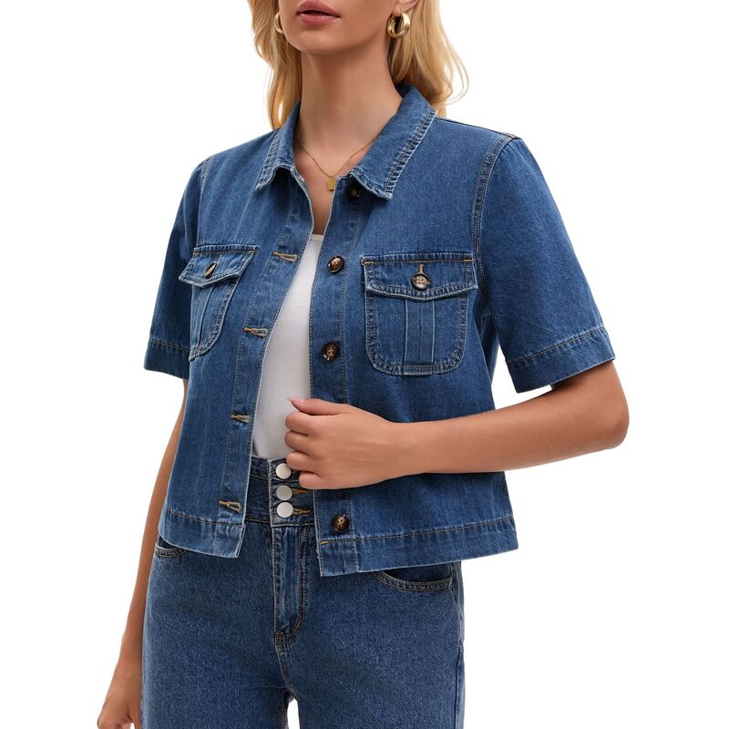 インスパイア シック レディース アウター ジャケット・ブルゾン ボタンダウン シャツ ダウン デニム INSPIRE CHIC Women's Jean Jacket Crop Button Down with Pockets Casual Short Sleeve Denim Shirt Blue ブルー｜ReVida 店