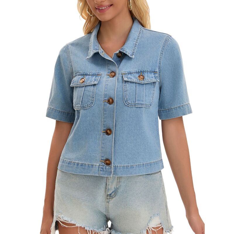 インスパイア シック レディース アウター ジャケット・ブルゾン ボタンダウン シャツ ダウン デニム INSPIRE CHIC Women's Jean Jacket Crop Button Down with Pockets Casual Short Sleeve Denim Shirt Light Blue ブルー|ReVida 店