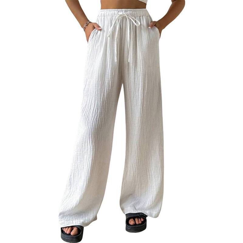 ジョイジョイ レディース ボトムス カジュアルパンツ ワイドレッグ コットン リネン JoyJoy Women's Fashion Cotton Linen Wrinkle Wide Leg Straight Pants Elastic Waist Drawstring Loose Pants White ホワイト|ReVida 店
