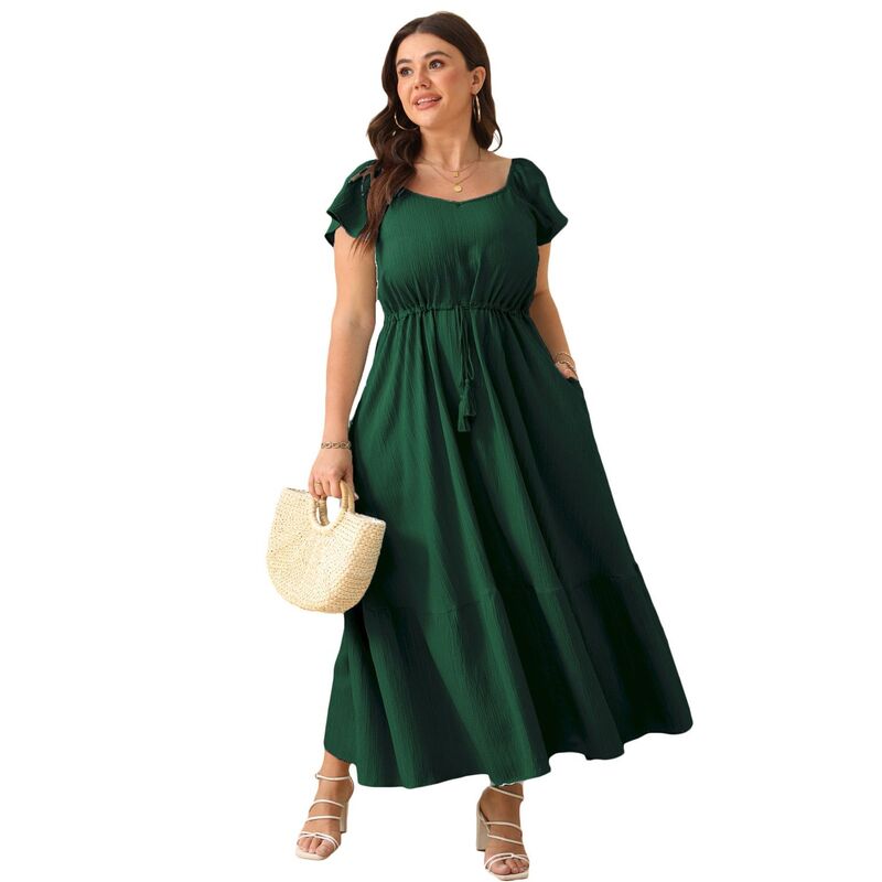 エリートスピリット レディース トップス ワンピース ハイウエスト プラスサイズ EliteSpirit Plusize Women Dresshort Sleeves High Waist Casual Summer Dress with Pocket Bean Green グリーン｜ReVida 店 10,485円
